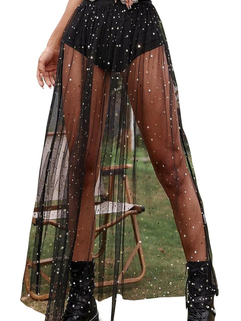 Sheer Star-Embellished Black Maxi Skirt